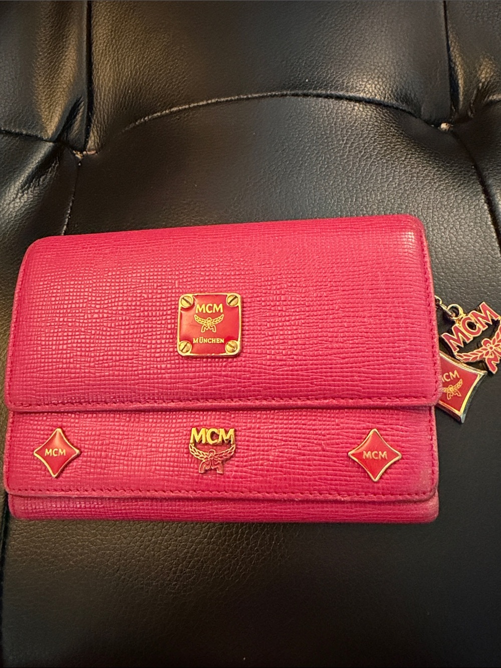 MCM Hot Pink Leather Logo Fold Wallet with Gold Hardware